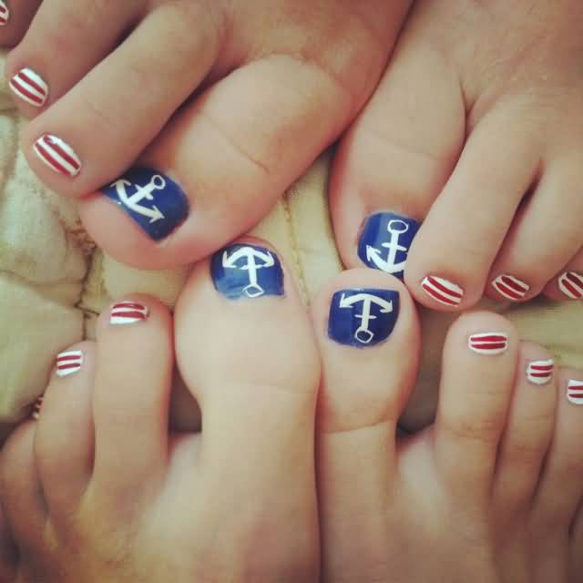 Nautical Sign And Red Stripes Fourth Of July Nail Art For Toe