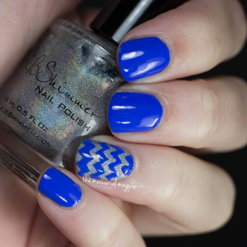 Navy Blue And Silver Glitter Accent Chevron Nail Art