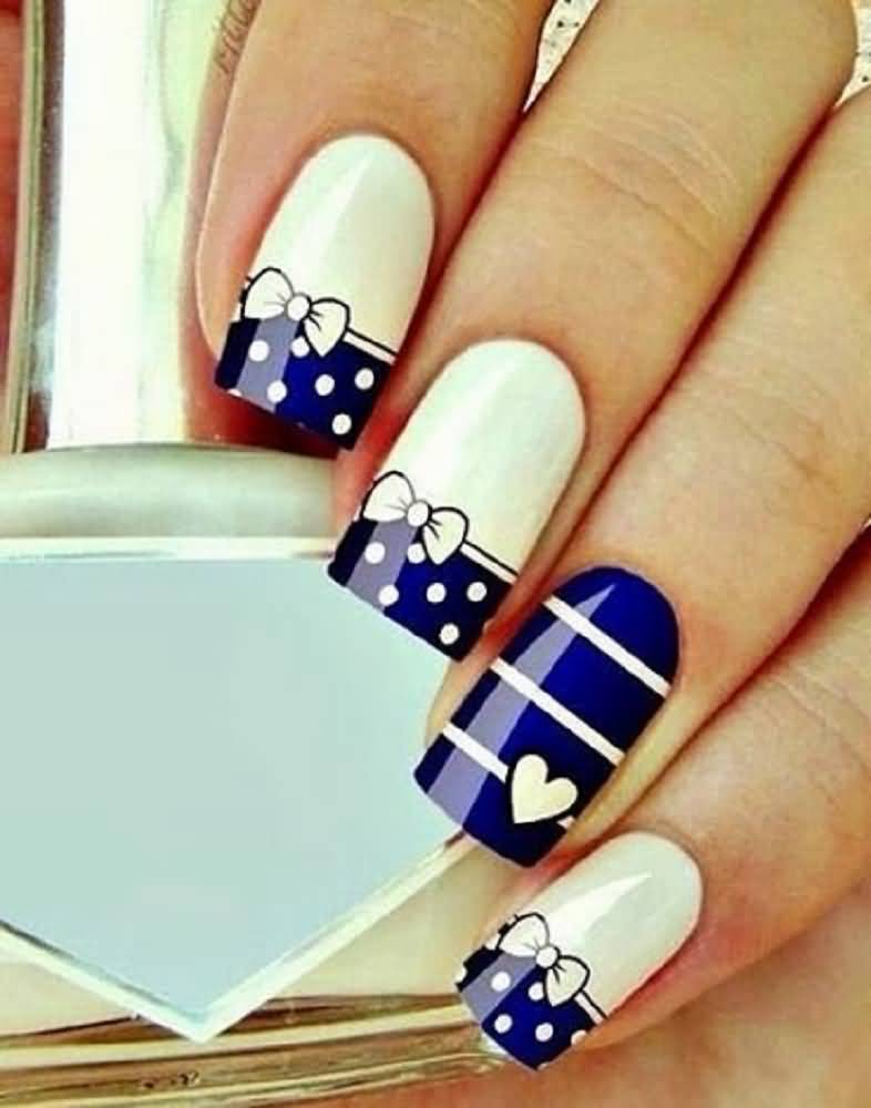 Navy Blue And White Nails With Bow Nail Art Design