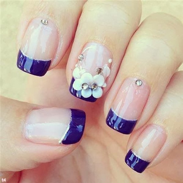 Navy Blue French Tip Nail Art With 3d Flowers Design
