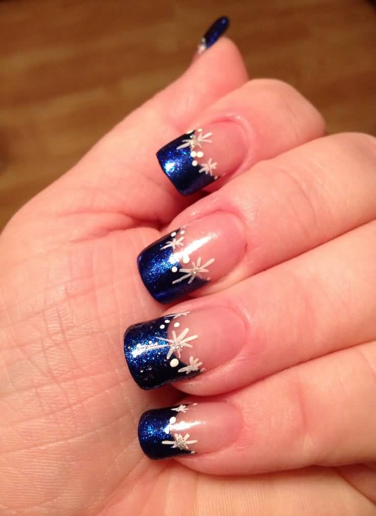 Navy Blue French Tip Nail Art With White Flowers
