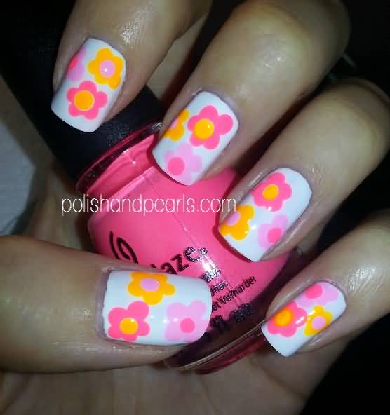 Neon Color Flower Nail Art On White Nails