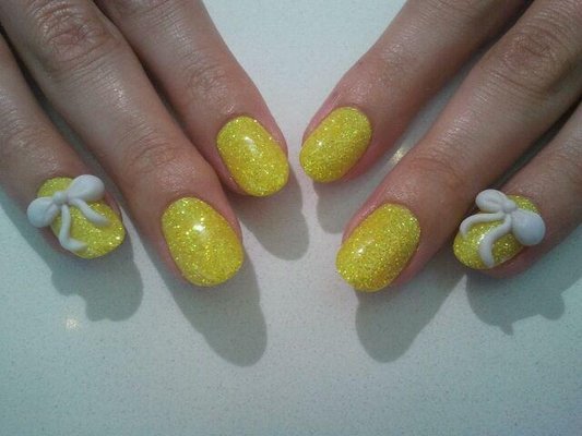 Neon Yellow Gel Nails With White 3d Bow Nail Art