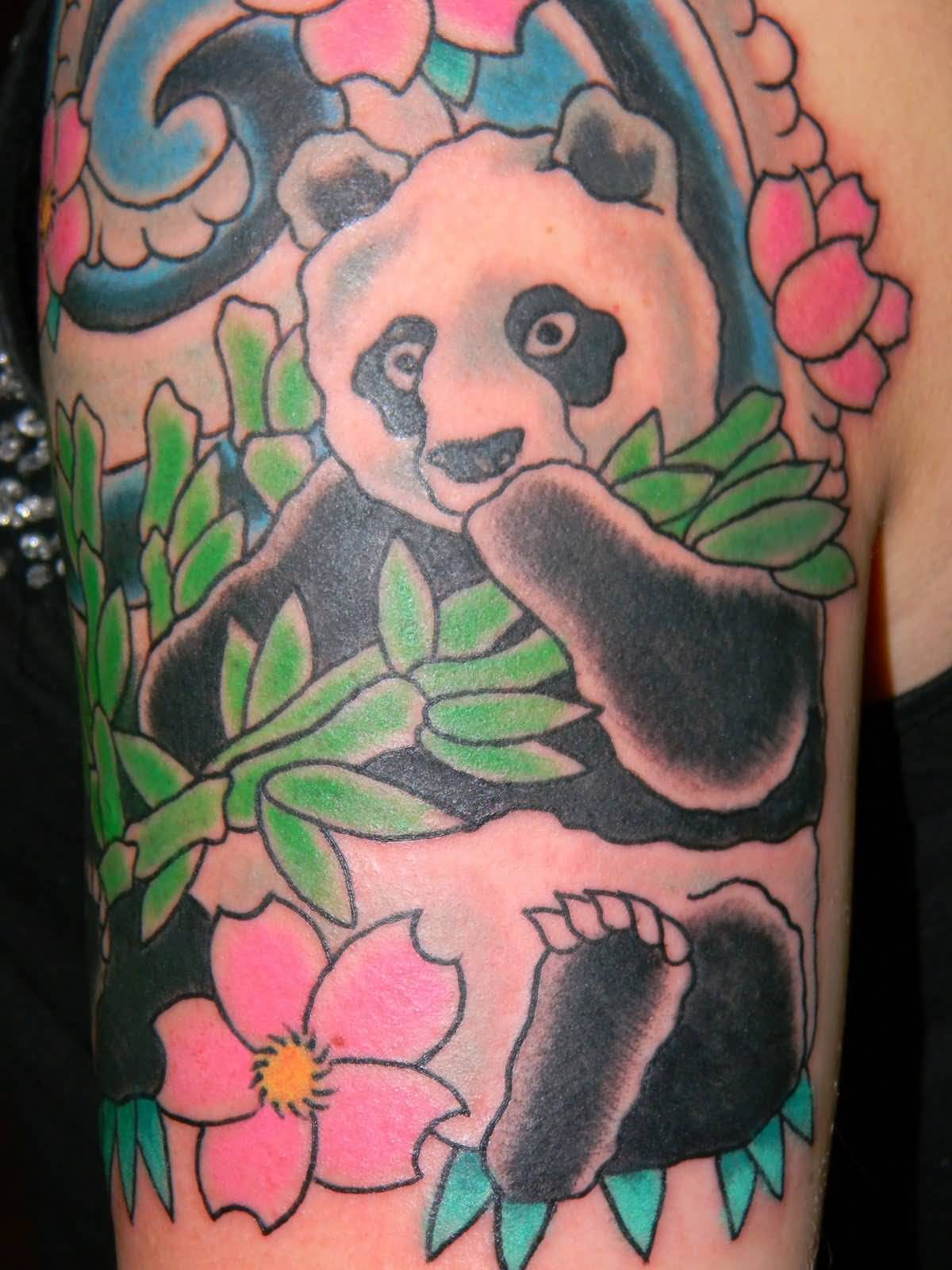Nice Colorful Panda With Bamboos And Flowers Tattoo On Half Sleeve