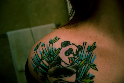 Nice Colorful Panda With Bamboos Tattoo On Right Shoulder