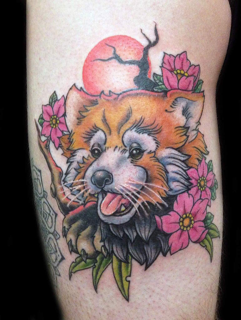 Nice Flowers With Red Panda Face Tattoo On Sleeve