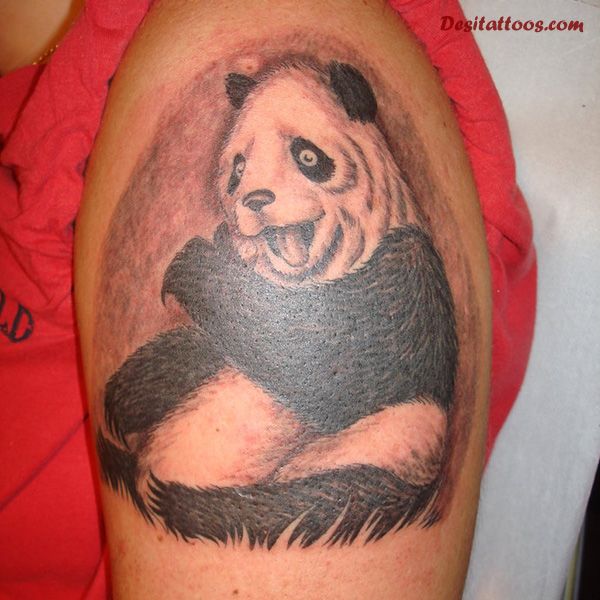 Nice Happy Panda Eating Tattoo On Half Sleeve