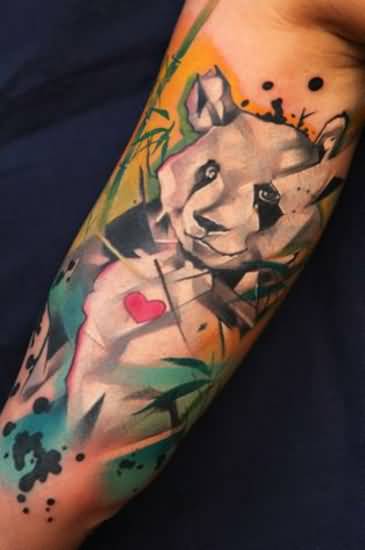 Nice Panda With Heart Watercolor Tattoo On Bicep