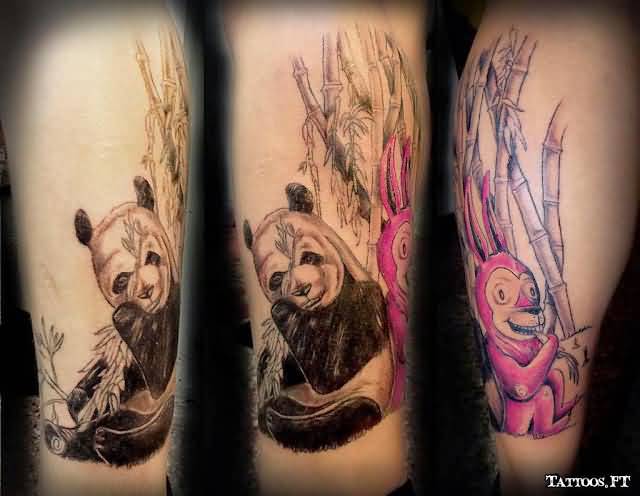 Nice Panda With Monkey And Bamboos Tattoo On Arm Sleeve