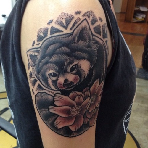 Nice Red Panda With Red Flower Tattoo On Half Sleeve
