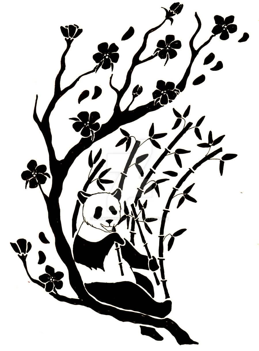 Nice Tribal Panda Eating Bamboos With Flowers On Tree Branches Tattoo Design