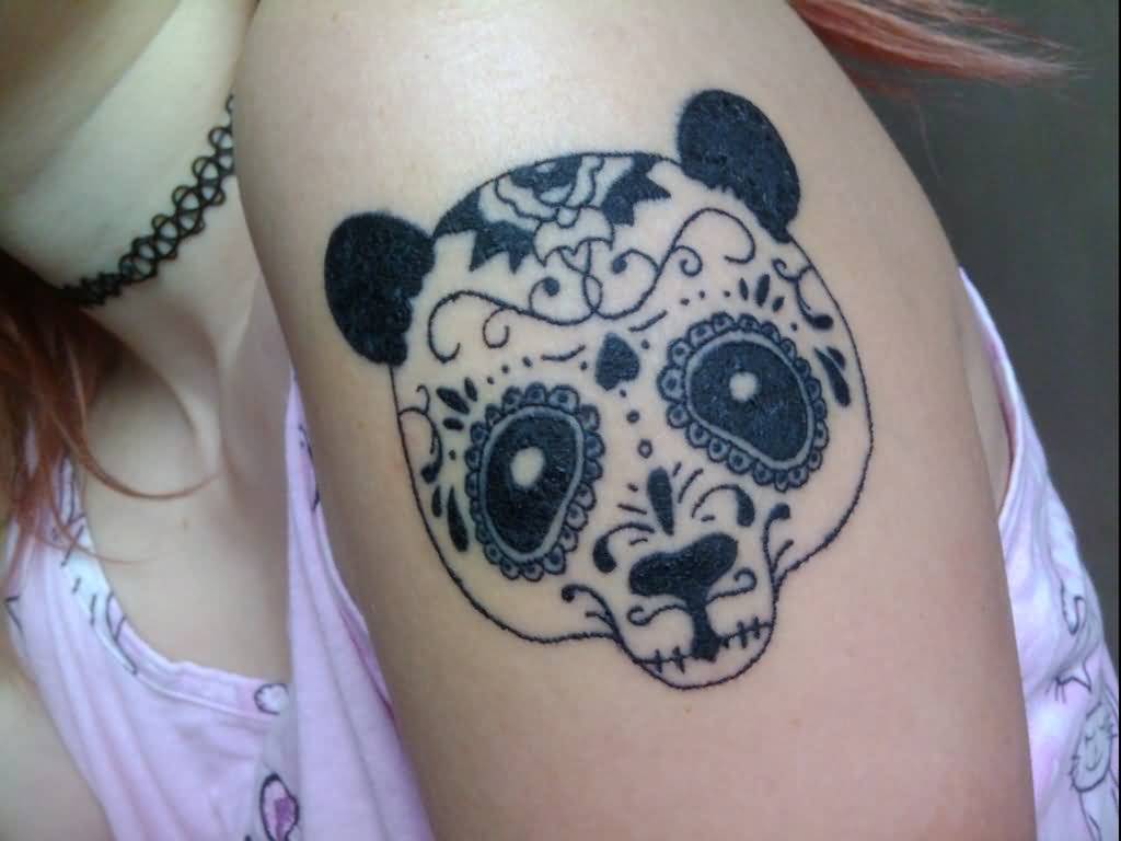 Nicely Designed Panda Head Tattoo On Half Sleeve For Girl