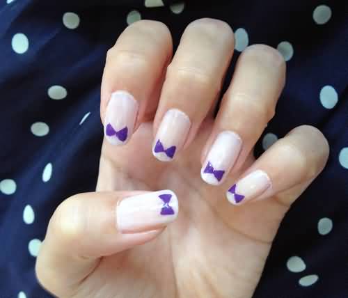 Nude Nails With Purple Bows Nail Design