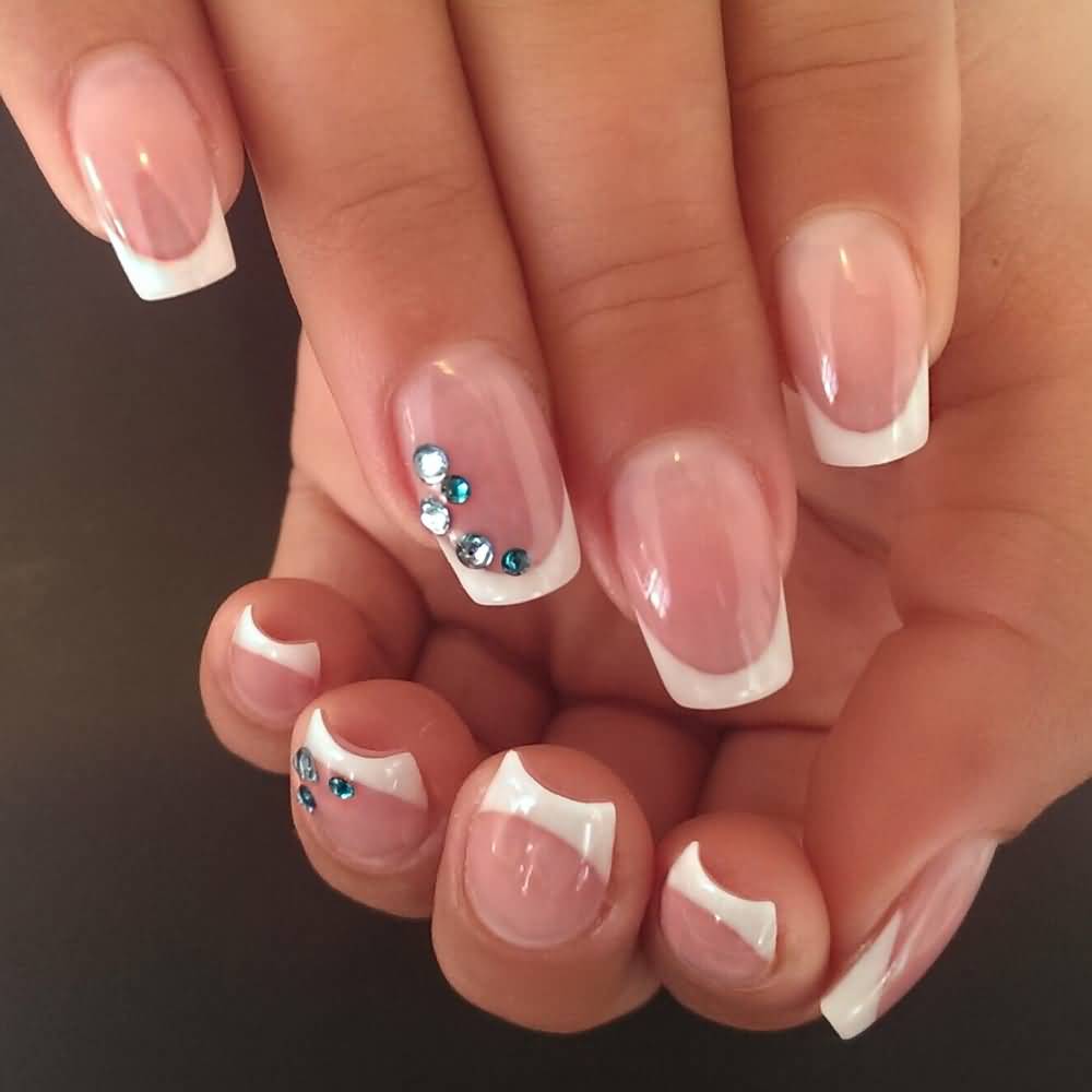 Nude Nails With White French Tip Nail Art And Rhinestones