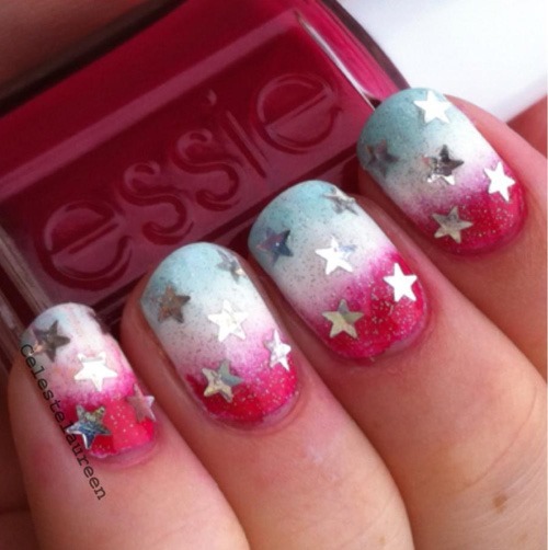 Ombre Fourth Of July Nail Art With Stars Design