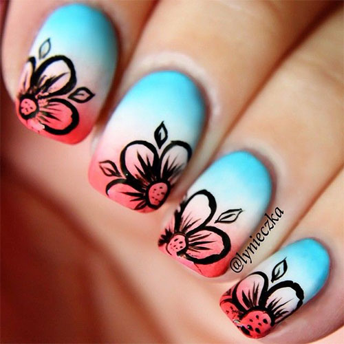 Ombre Nails With Black Flower Nail Art