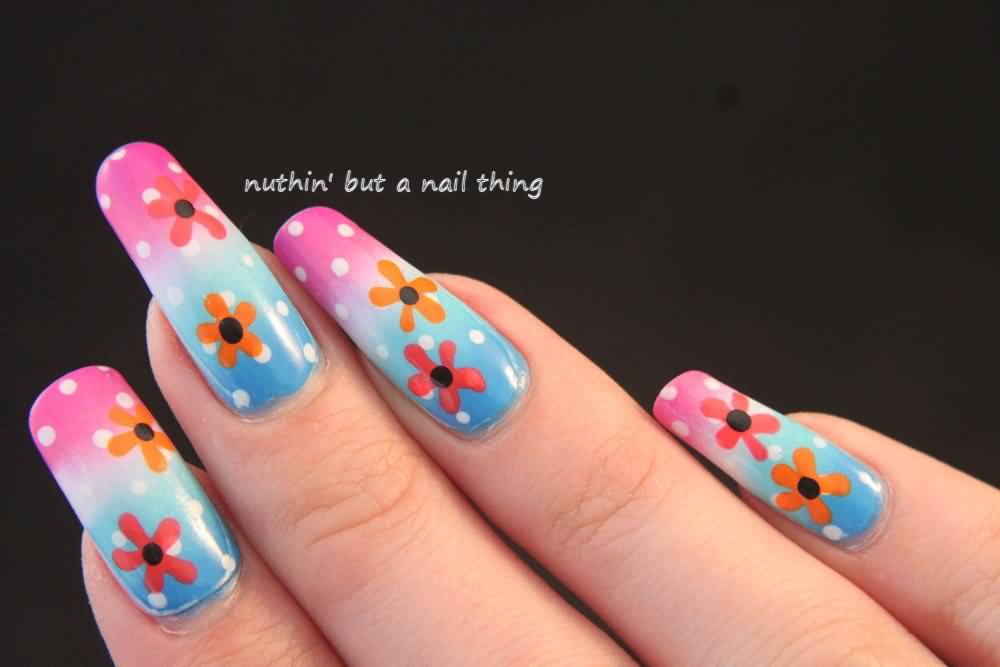 Ombre Nails With Flower Nail Art And Polka Dots Design