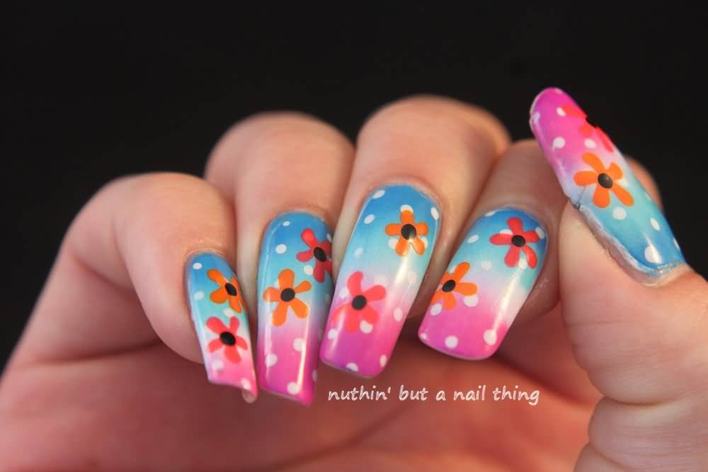 Ombre Nails With Pink And Orange Flowers Nail Art