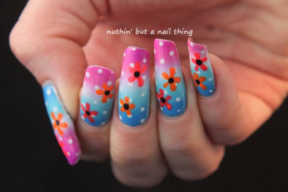 Ombre Nails With Red Flower Nail Art With Polka Dots