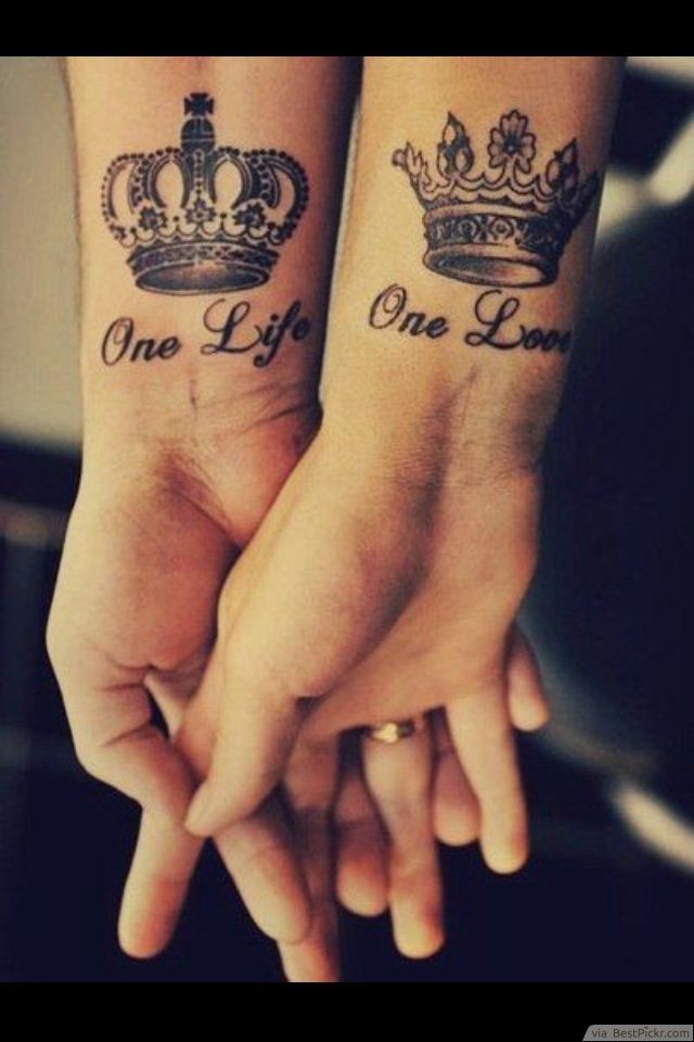 One Life One Love King And Queen Crown Tattoos On Wrist For Couple