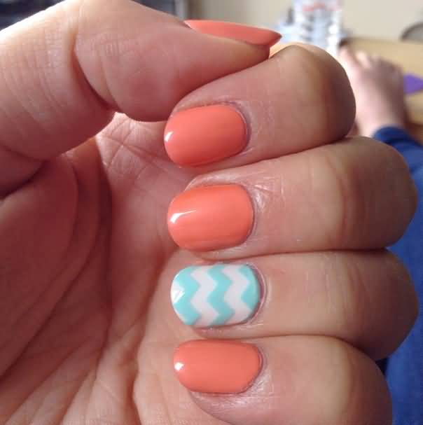 Orange Nails With Blue And White Accent Chevron Nail Art