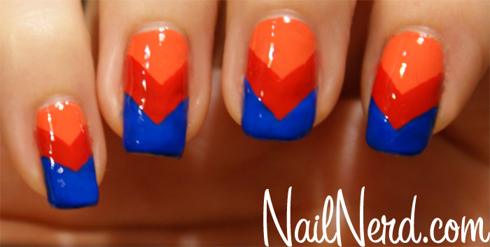 Orange Red And Blue Chevron Nail Design