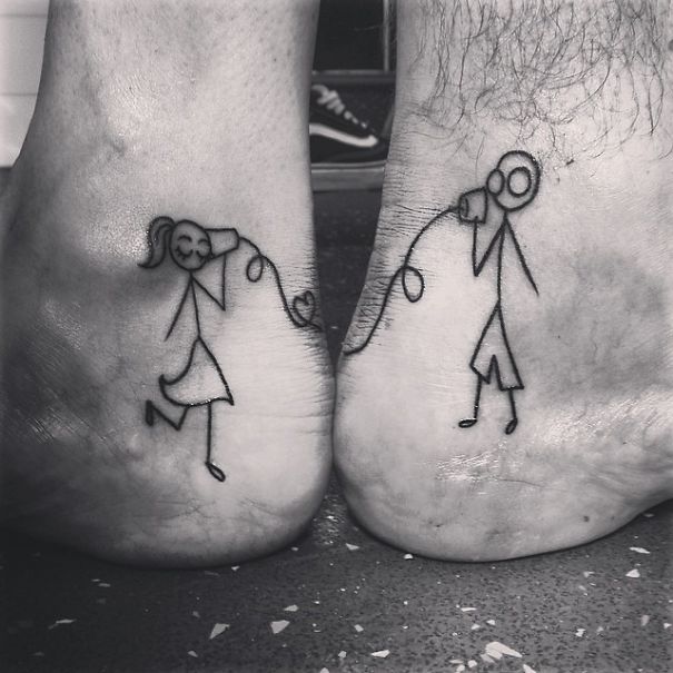 Outline Matching Couple Tattoos On Heel