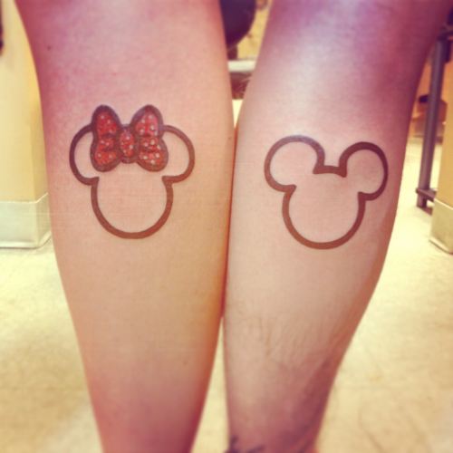 Outline Minnie And Mickey Heads Tattoo On Couple Legs