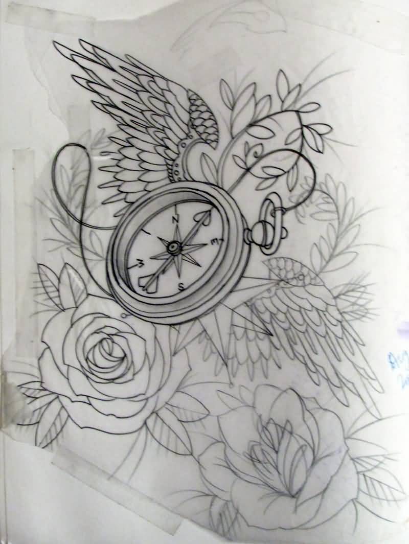 Outline Roses And Compass With Angel Wing Tattoo Design