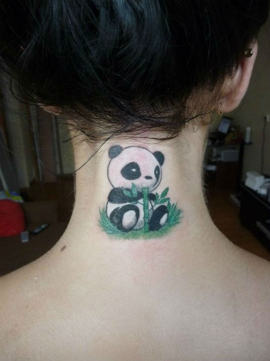 Outstanding Baby Panda With Grass Tattoo On Nape