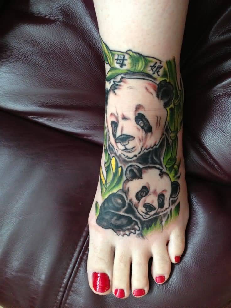 Outstanding Panda With Baby Tattoo On Foot For Girl