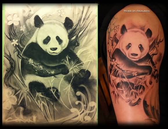 Outstanding Panda With Leafs And Flower Tattoos Design And On Half Sleeve