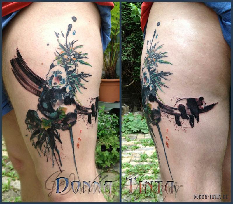 Outstanding Pandas On Tree Branch With Leaves Watercolor Tattoo On Thigh