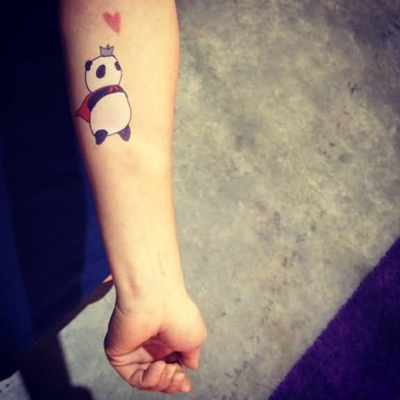 Panda As King With A Red Heart Tattoo On Forearm