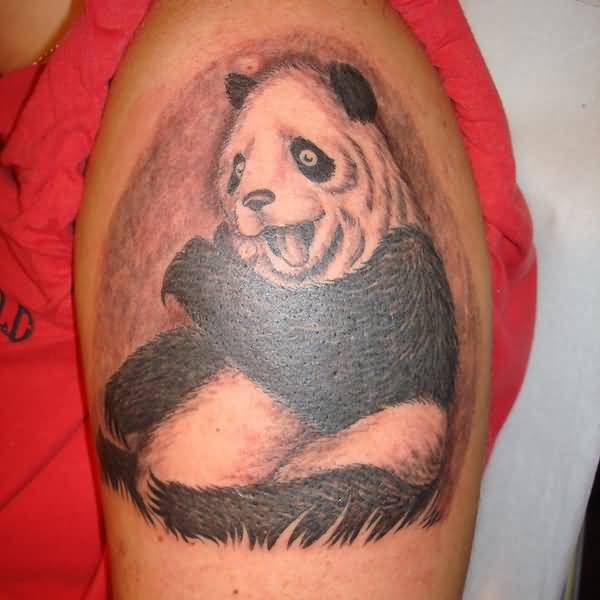 Panda Eating In Realistic Design Tattoo On Half Sleeve