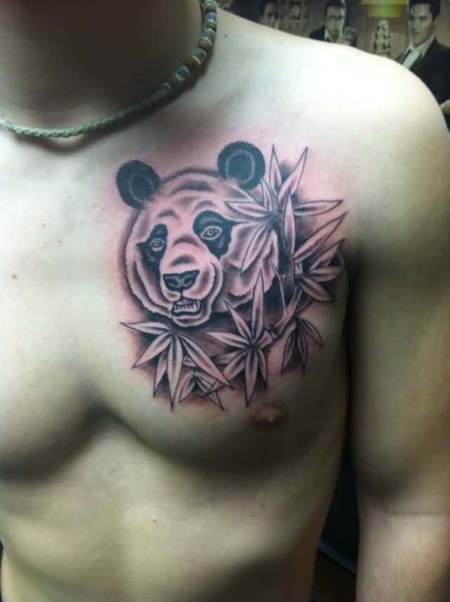 Panda Face With Leaves Tattoo On Chest For Men