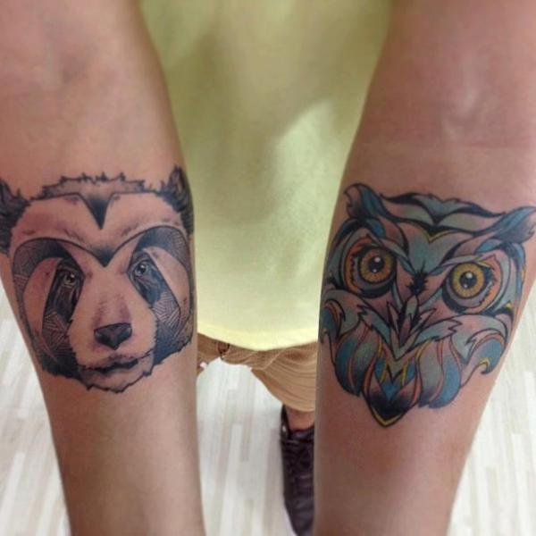 Panda Face With Owl Face Tattoo On Arm Sleeve By Leds Tattoos