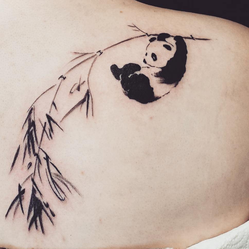 Panda Hanging On Branch Of Tree Tattoo On Right Shoulder