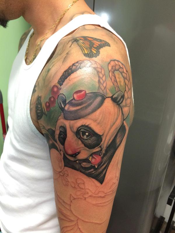 Panda In Drunken Style With Butterfly Tattoo On Half Sleeve