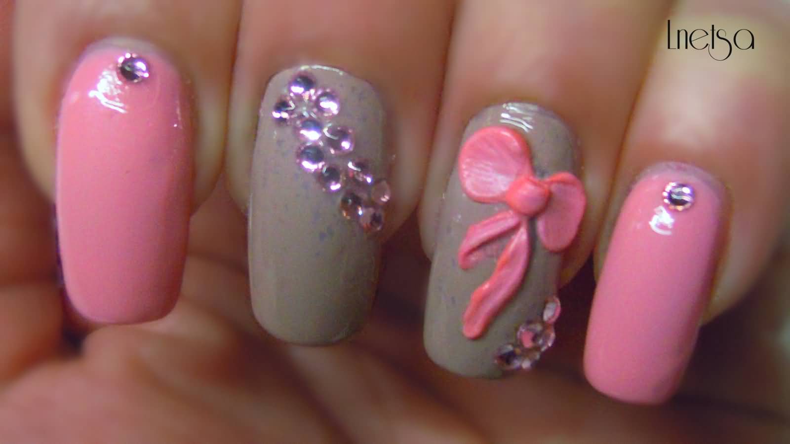Pink 3d Bow Nail Art Design