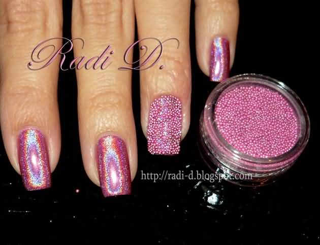 Pink Accent Caviar Beads Design Nail Art
