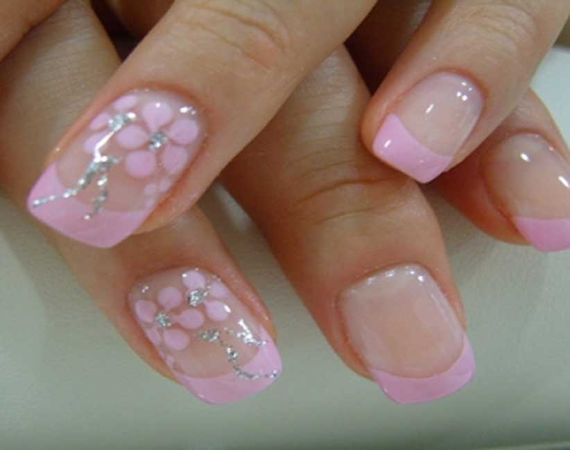 Pink Acrylic French Tip Nail Art With Flowers Design