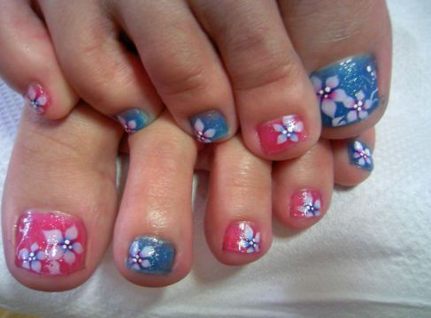 Pink And Blue Flower Nail Art For Toe