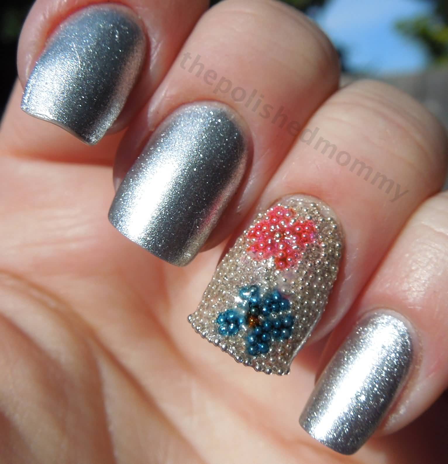 Pink And Blue Flowers Accent Caviar Nail Art