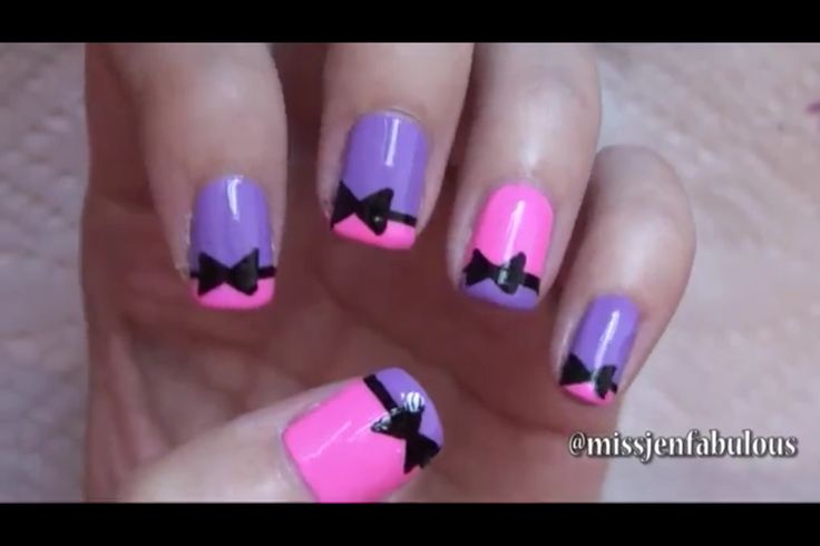 Pink And Purple Nails With Black Simple Bow Nail Art