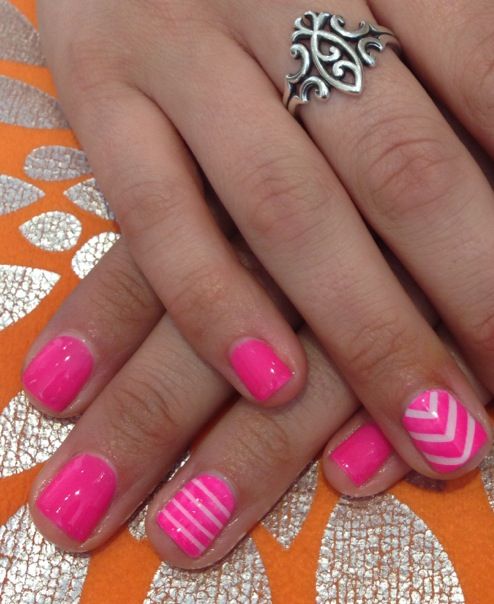 Pink And White Accent Chevron Nail Art Design For Girls