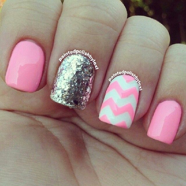 Pink And White Accent Chevron Nail Art