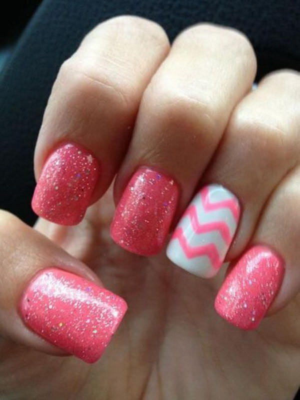 Pink And White Accent Chevron Nail Design