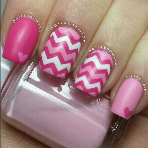 Pink And White Chevron Nail Art Design