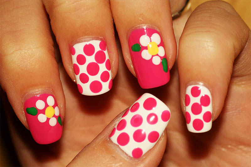 Pink And White Polka Dots Flowers Nail Design